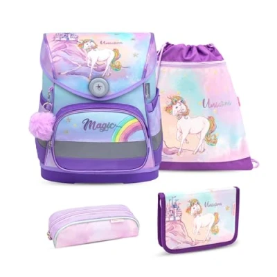 Abbildung von Belmil Compact Schulranzen Set 4 teilig Rainbow Unicorn Magic mit Brustgurt, Magnetverschluss Schulrucksack