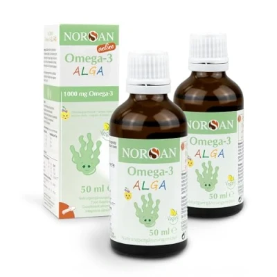 Abbildung von NORSAN Omega 3 ALGA Öl vegan 2x50ml / hochdosiertes für Kinder 1.000mg pro Portion/Omega Algenöl reich an DHA/Tagesdosis 2 ml ab 35 kg flüssig
