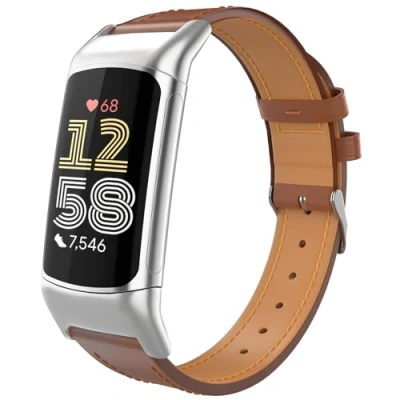 Abbildung von TiMOVO Leder Armband Kompatibel mit Fitbit Charge 6/Fitbit 5 Uhrenarmband, Genarbtes Echtes Klassisches Ersatzarmband für Damen und Herren, Schwarz