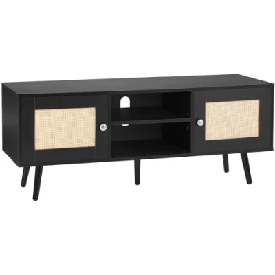 Abbildung von VEVOR Rattan TV Ständer, Fernsehschrank Boho Schrank für 140 cm Fernseher, Retro Konsole mit verstellbaren Regalen &amp; 2 Türen, Wohnzimmer, Medienraum, Schwarz