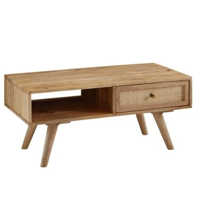 Abbildung von FineBuy Couchtisch 90x40x45 cm Mango Massivholz/Rattan Wohnzimmertisch Rechteckig, Holztisch mit Stauraum, Sofatisch Schublade, Tisch Wohnzimmer Massiv Rohrgeflecht