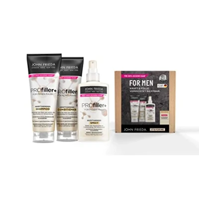 Abbildung von John Frieda Profiller + Vorteilsset Perfekt für feines Männerhaar Inhalt: Shampoo, 250ml Conditioner, Kräftigendes Spray, 150ml Versorgt das Haar mit Powerwirkstoffen
