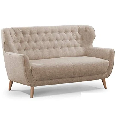 Abbildung von CAVADORE Zweisitzer Sofa Abby / Klassisches Polstersofa mit Knopfverzierung 153 x 89 88 Strukturstoff, beige