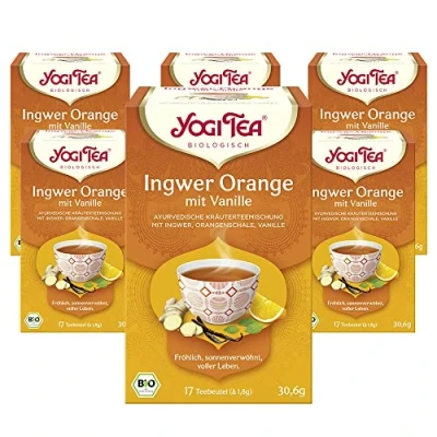 Abbildung von Yogi TEA, Ingwer Orange mit Vanille, Ayurvedischer Bio Gewürz und Kräutertee, von Natur aus koffeinfrei, Ingwer, Orangenschalen Tee 6er Pack, 6x17 Beutel (102 Teebeutel insgesamt)