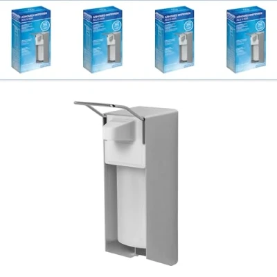 Abbildung von 4x ARNOMED Desinfektionsspender Aluminium, Seifenspender kurzer Armhebel für 500ml, zur Wandbefestigung, Eurospender Desinfektionsmittel, Soap Dispenser, Desinfektionsmittelspender