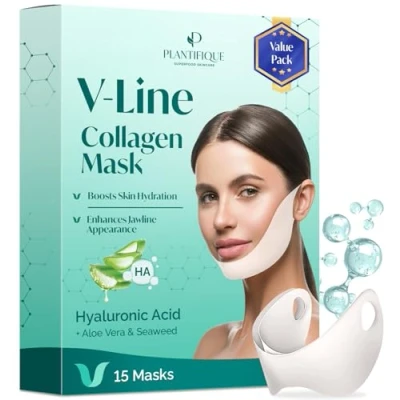 Abbildung von Plantifique Gesichtsmaske V line Hyaluron Face Mask 15er Set Tape Doppelkinn Vegan Masken Beauty Jawline Korean Kinn Straffen mit Mikrokollagen Komplex