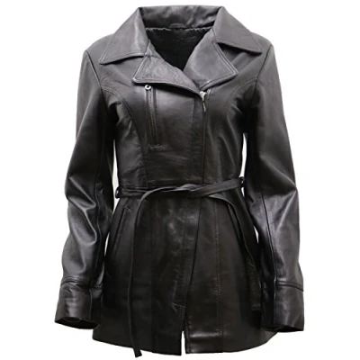 Abbildung von Infinity Leather Lange Schwarze Damen Nappaleder Radfahrer Jacke Mit Gürtel 12