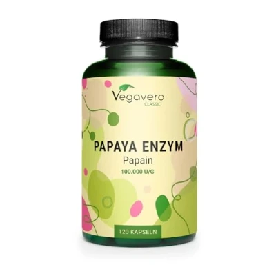 Abbildung von Papaya Enzym Vegavero® Hochdosiert: 2.100 mg reines Papain pro Tagesdosis Hohe Enzymaktivität: 100.000 units/g Natürlich aus der Frucht 120 Kapseln Vegan &amp; Ohne Zusätze