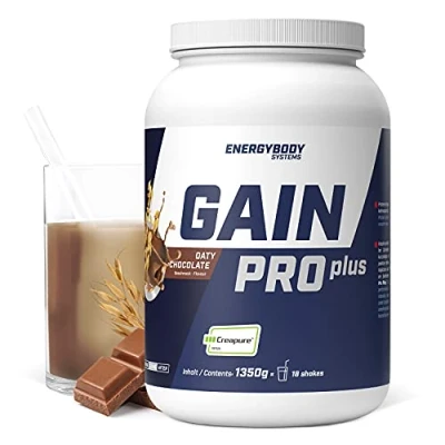 Abbildung von Energybody Gain pro Plus “Schoko 1.350 g/Weight Gainer für Massephase mit Kreatin &amp; Whey Protein/Mass als Kohlenhydrat Eiweißpulver/Gewichtszunahme Muskelaufbau Pulver
