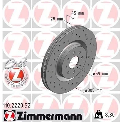 Abbildung von ZIMMERMANN SPORT COAT Z 110.2220.52 Bremsscheibe 305 28 8/4 4 98 innenbelüftet, gelocht beschichtet ALFA ROMEO: MiTo