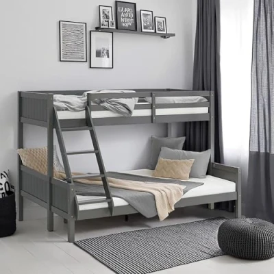 Abbildung von Homestyle4u Etagenbett 90x200 und 140x200 Kinderbett Holz 2 Kinder Massiv mit Rausfallschutz (inkl. Matratzen), Grau