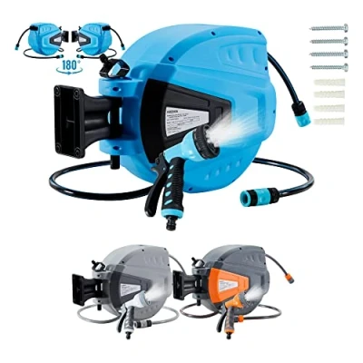 Abbildung von Arebos Schlauchaufroller 15 m Schlauchtrommel Wand Schlauchbox mit Arretierstop &amp; 9 Sprühunktionen 180 Schwenkbar Inkl.Wandhalterung Automatischer Aufrollmechanismus Gartenschlauch Blau