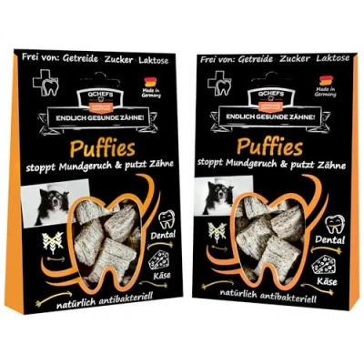 Abbildung von QCHEFS 2X PUFFIES Hundeleckerli bei Mundgeruch, Zahnfleischentzündung als Zahnsteinentferner durch natürlich antibakterielle Zahnpflege ohne Dentalspray, Zahnbürste oder Zahnpasta