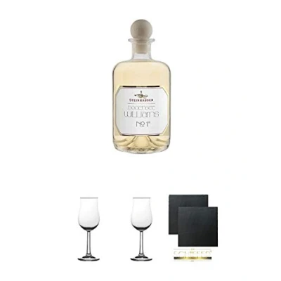 Abbildung von Steinhauser Bodensee Williams No.1 0,5 Liter + 2 Bugatti Nosing Gläser mit Eichstrich 2cl und 4cl Schiefer Glasuntersetzer eckig ca. 9,5 cm Ø