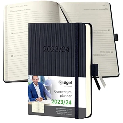 Abbildung von SIGEL C2402 Terminplaner Wochenkalender 2023/2024, ca. A6, schwarz, Hardcover, Gummiband, Stiftschlaufe, Archivtasche, PEFC zertifiziert, 18 Monatskalender, Conceptum