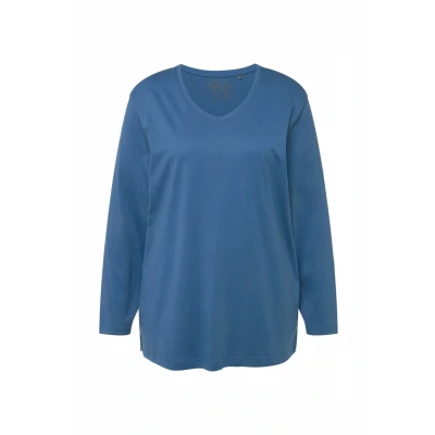 Abbildung von Ulla Popken Basic V Langarmshirt, Damen, Größe: 46/48, Blue denim