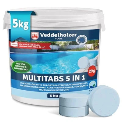 Abbildung von Veddelholzer Garten Chlortabletten 5 kg Multitabs in 1 langsam löslich Pool Zubehör, (Chlortabletten für Pool, Multitabs), langzeit Chlor Tabletten zur Reinigung &amp; Desinfektion