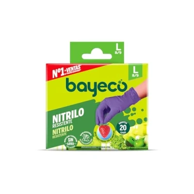 Abbildung von Bayeco Einweg Nitrilhandschuhe Farbe Violett Beidhändig Staub und Latex Strukturierte Finger für besseren Halt Spender mit 20 Stück Größe L