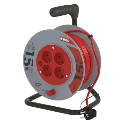 Abbildung von EMOS Kabeltrommel 15m 4 Schuko Steckdosen 230 V, 10 A, 2300 W hochwertige PVC Isolierung H05VV F3G 1,0 mm2 Überhitzungsschutz, Spulenbremse IP20 für Innen