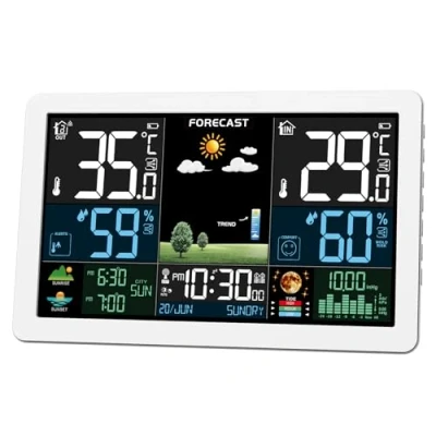 Abbildung von VOKSUN Wetterstation Funk mit Außensensor, Farbdisplay, Wecker Schlummerfunktion, Thermometer Hygrometer Wettervorhersage, Batteriebetrieb und Netzbetrieb, Weiß