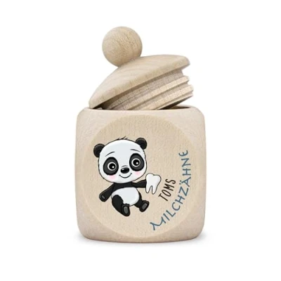 Abbildung von Zahndose Milchzähne Junge modern Dose Holz personalisiert Druck Name Comic Panda