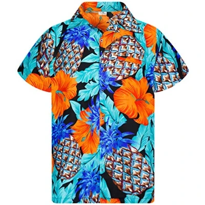 Abbildung von King Kameha Funky Hawaiihemd, Kurzarm, Pineapple Hibiscus, Schwarz Türkis, XL
