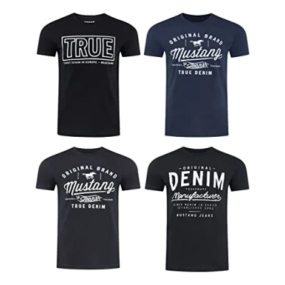 Abbildung von MUSTANG Tshirt Herren Baumwolle Regular Fit 4er Pack Set Rundhals Kurzarm Sommer Tee Shirt Logoprint, Größe:M, Farbe:Farbmix (P5)