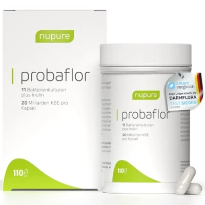 Abbildung von Nupure® Probaflor Mit 345 Mrd KBE/g*, 110 Kapseln 11 Spezielle Bakterienstämme, Inulin und Lactobacillus salivarius SP2, Besser geschützt dank Spezialdose, Vegan