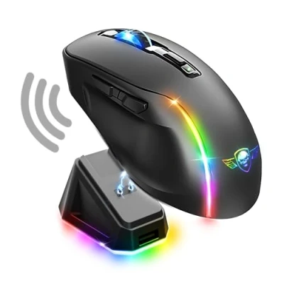 Abbildung von Spirit of Gamer Elite M50 Dark, Kabellose Gaming Maus RGB 8000 DPI, 6 Programmierbare Tasten, Bluetooth &amp; 2,4 GHz Verbindung, Lange Akkulaufzeit von 90 Stunden, Ladestation, Schwarz