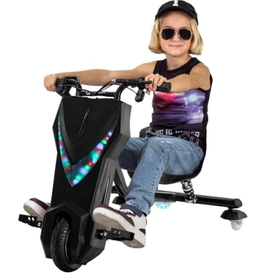 Abbildung von Actionbikes Motors Kinder Elektro Driftscooter 𝟐𝟓𝟎 Watt Motor Drift Cart 360 3 Geschwindigkeitsstufen LED Beleuchtung Sitz verstellbar Bluetooth Kart Auto (Schwarz)