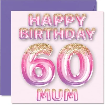 Abbildung von Stuff4 Geburtstagskarte zum 60. Geburtstag für Mama rosa &amp; lila Glitzerballons Happy Birthday Karten 60 Jahre alte Mutter, Mutter vom Sohn, Tochter, 145 mm x