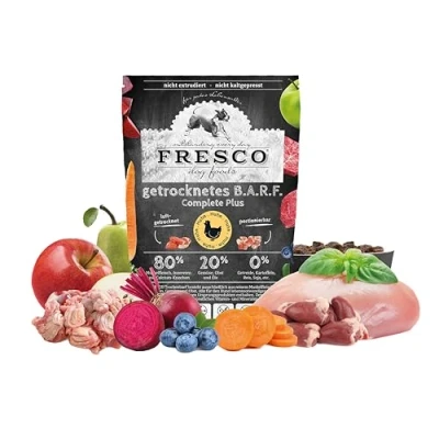 Abbildung von FRESCO Dog Complete Plus Trockenbarf Huhn 2,5kg Trockenfutter für Hunde aus frischem Fleisch, Obst und Gemüse getreidefreies Barf 100% frische Zutaten ohne künstliche Zusätze