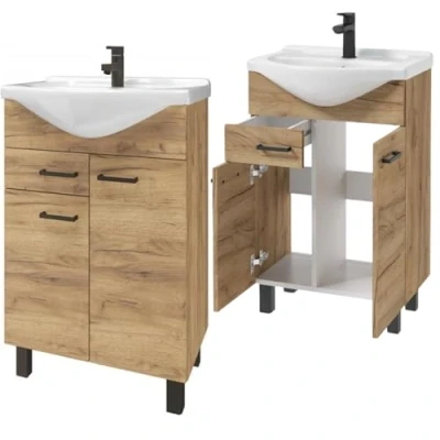 Abbildung von Domodomo Badezimmerschrank mit Waschbecken 85 x 55 42 cm Stehender Schublade und Unterschrank, lackiert, Elegantes Set Keramikwaschbecken