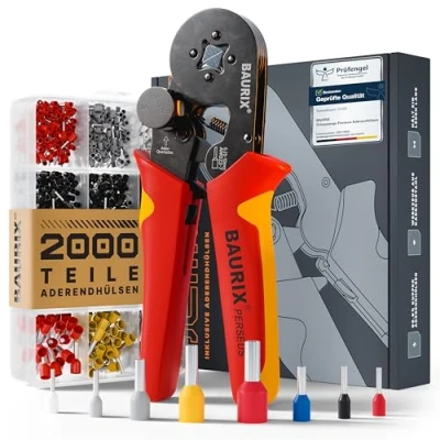 Abbildung von BAURIX® Crimpzange mit 2000 Aderendhülsen Set, Ergonomische Aderendhülsenzange Kraftregler für 0,25 10mm², isolierte und unisolierte Aderendhülsen, Crimpwerkzeug Modell: PERSEUS (4 Kant)