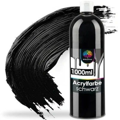 Abbildung von OfficeTree Acrylfarbe Schwarz 1000ml auf Wasserbasis Schwarze Farbe für Leinwand Black Acrylic Paint Acrylmalerei, Hobbykünstler Ideal zum Mischen
