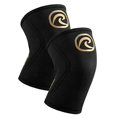 Abbildung von Rehband Kniebandage Kraftsport, Kniestütze für Cross Fit &amp; schweres Training, Knee Sleeve aus 5 mm Neopren, in vielen Farben Größen, Unisex, Farbe:Gold/Schwarz 1 Paar, Größe:M