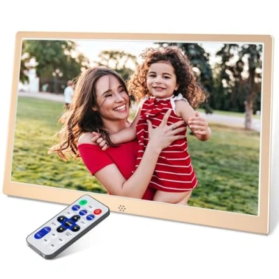 Abbildung von TSITSC 12 Zoll Digitaler Bilderrahmen, 1280 * 800 IPS Bildschirm Elektronischer Bilderrahmen Kalender/Uhrfunktion/Musik/Foto /Videoplayer mit Fernbedienung, unterstützt USB/SD Karte (Gold)