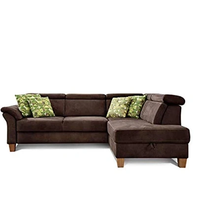 Abbildung von Cavadore Schlafsofa Ammerland mit Ottomane rechts / Federkern Sofa im Landhausstil verstellbaren Kopfstützen, Bett und Bettkasten 245 x 84 194 Lederoptik braun