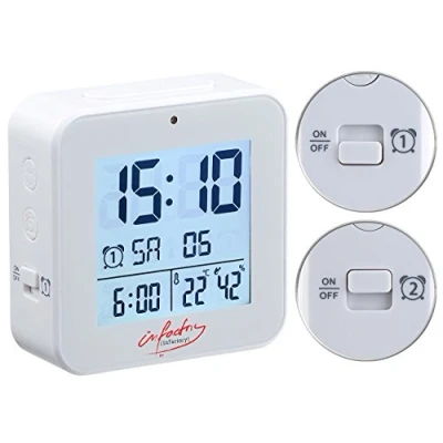 Abbildung von infactory Funk Reisewecker: Wecker mit 2 Weckzeiten, Thermo Hygrometer, Lichtsensor, weiß (Wecker Zwei Funkwecker Alarmzeiten)
