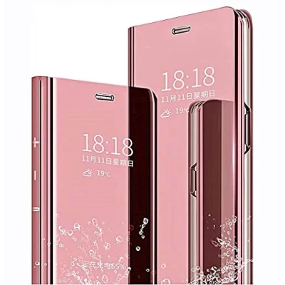 Abbildung von LINER Hülle für Samsung Galaxy A22 5G, Handyhülle Clear View Cover Spiegel Flip PU Leder Plating PC Schutzhülle mit Hart Standfunktion 5G Roségold