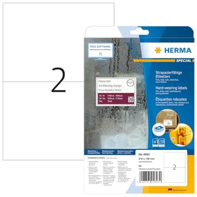 Abbildung von HERMA 4693 Wetterfeste Folienetiketten, 25 Blatt, 210 x 148 mm, 2 pro A4 Bogen, 50 Stück, selbstklebend, bedruckbar, matt, blanko Klebeetiketten Aufkleber aus Folie, weiß
