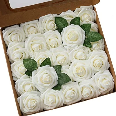 Abbildung von Künstliche Rosen Blumen Schaumrosen Foamrosen Kunstblumen Rosenköpfe Gefälschte Kunstrose Rose DIY Hochzeit Blumensträuße Braut Zuhause Dekoration (25 Stück, Elfenbein)