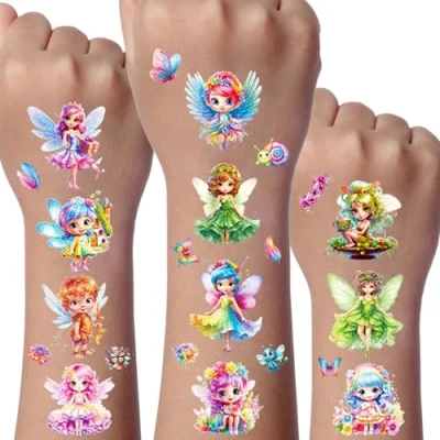 Abbildung von Fee Glitzer Tattoo Set Kinder, 12 Blätter Fake Tattoos für Blumenfee Geschenke Mädchen, Glitzerglück Spiel Deko Kindergeburtstag
