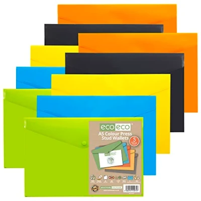 Abbildung von eco A5 50% recycelte Dokumentenmappe mit Druckknopf, 10 Stück, grün, schwarz, blau, gelb, orange, eco075x2