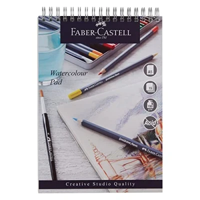 Abbildung von Faber Castell Creative Studio Aquarellblock, A5, säurefrei, Spiralbindung, 190 g/m², 15 Blatt für Aquarellfarben, Bleistifte und Marker, Kunst, Handwerk, Zuhause Schule