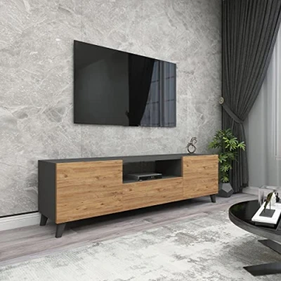 Abbildung von en.casa TV Schrank »Torsby« Lowboard mit 3 Türen Anthrazit / Eiche Optik