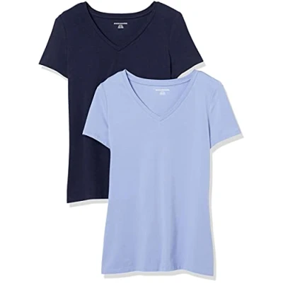 Abbildung von Amazon Essentials Damen Kurzärmeliges T Shirt mit V Ausschnitt, Klassischer Schnitt, 2er Pack, Purpur/Marineblau, XS