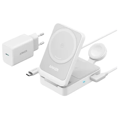 Abbildung von Anker MagGo 3 in 1 Ladestation, Qi2 zertifizierter 15W kabelloser Ladeständer, MagSafe kompatibel, Apple Watch Ladegerät, Für iPhone 16/15/14, AirPods, 9 ( Mit 40W USB C Netzteil )