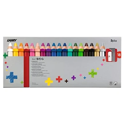 Abbildung von Lamy 1223549 3plus Farbstifte 520 18er Set: Faltschachtel mit 18 Farbstiften + Spitzer. Stifte aus Zedernholz ergonomischer Form und hoher Farbbrillanz Extradicke Mine Ø 10 mm, Farbstift 15 mm