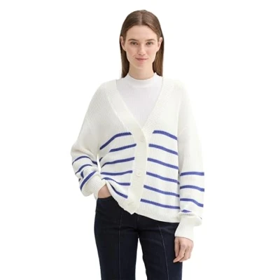 Abbildung von TOM Tailor Denim MIT Vausschnitt Strickjacke, Damen, Größe: XL, Placed blue white stripe